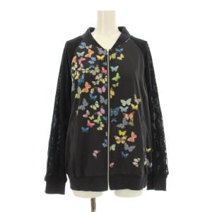 ブルゾン ジャケット ジップアップ 蝶柄 レース 切替 薄手 M 黒 ブラック /KU
