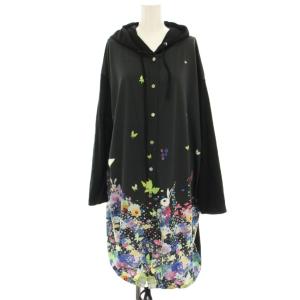 パーカーワンピース ひざ丈 花柄 総柄 プリント フロントボタン 長袖 M 黒 ブラック /HN