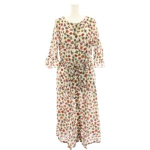 フラワープリントフレアワンピース ロング ミモレ 花柄 七分袖 シアー 40 白 ホワイト オレンジ ピンク