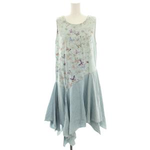 ワンピース ひざ丈 花柄 総柄 プリント ノースリーブ 変形 M 水色 ライトブルー /HN