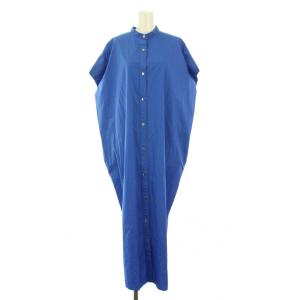 コットンマキシシャツワンピース ロング フレンチスリーブ 半袖 バンドカラー ワンカラー F 青 ブルー