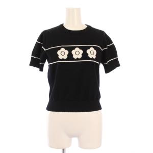 ニット セーター 半袖 クルーネック ロゴ バイカラー M 黒 ブラック 白 ホワイト /BB