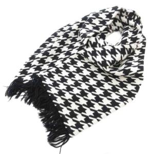 マフラー ストール フリンジ ウール 黒 ブラック 白 ホワイト 千鳥格子柄 /GV