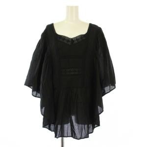 コットンボイルレースピンタックポンチョ シャツ ブラウス プルオーバー 七分袖 刺繍 F 黒 ブラック