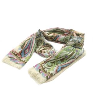 ストール フリンジ ペイズリー柄 総柄 ウール シルク混 絹 マルチカラー ベージュ 紫 パープル 水色