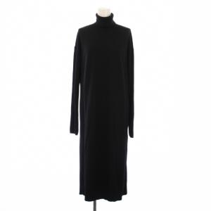 ニットワンピース タイト ミモレ ロング 長袖 タートルネック リブ ウール 無地 ストレッチ S 黒
