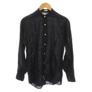 CLASSIC FIT リネン シャツ バンドカラー 長袖 麻100％ 14 1/2 32 黒 ブラック