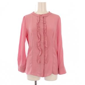 シャツ ブラウス バンドカラー 長袖 フリル ワンカラー シルク 38 ピンク /BB