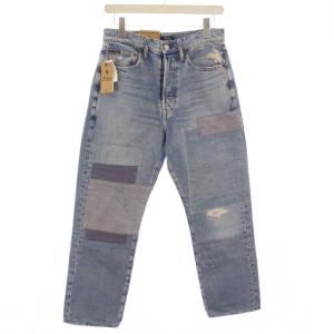 デニムパンツ ジーンズ ボタンフライ ダメージ加工 パッチワーク 切替 26 水色 ライトブルー タグ付き