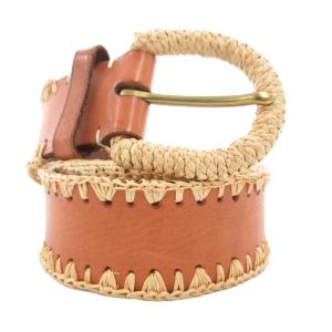 ラフィアトリム カーフスキン レザーベルト S 茶 ブラウン ベージュ /GV