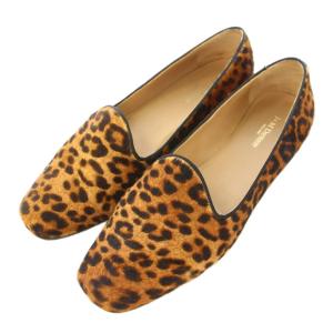 パンプス スクエアトゥ ローヒール ハラコ レオパード ヒョウ柄 38 茶 ブラウン /BB