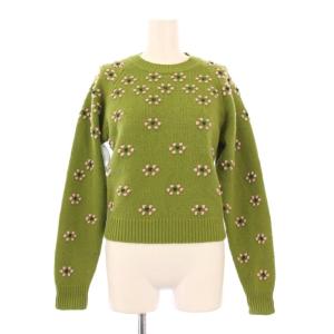 フローラルセーター ニット 長袖 クルーネック ショート丈 花柄 ウール S 緑 グリーン /BB