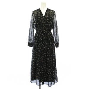 フレアワンピース マキシ ロング 長袖 Vネック シアー シースルー 花柄 ベルト 36 紺 ネイビー