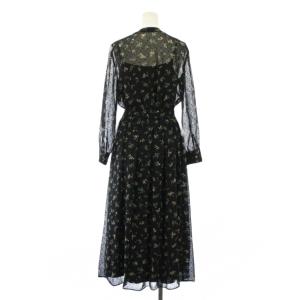 ANAYI フレアワンピース マキシ ロング 長袖 Vネック シアー シースルー 花柄 ベルト 36 紺 ネイビー