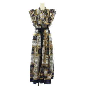 EMチェーンスカーフ付きフリルワンピース フレア マキシ ロング 半袖 総柄 M 紺 ネイビー 1120230190-0