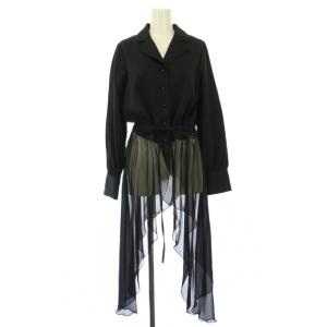シアーテールシャツ ブラウス ロング丈 長袖 オープンカラー シースルー ワンカラー ベルト F 黒 ブラック