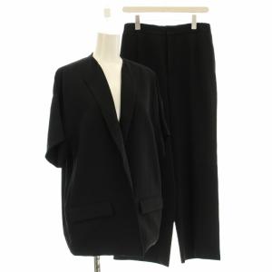 半袖 スーツ セットアップ ノーカラージャケット パンツ 36 黒 ブラック /G