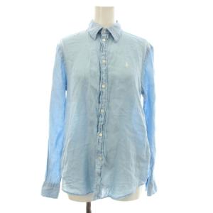 リネンシャツ 長袖 ロゴ刺繍 麻 XS 水色 0200011589 /KU