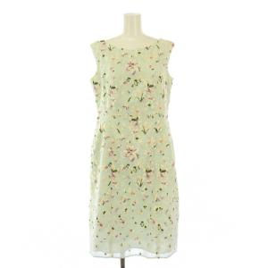フレアワンピース チュール ひざ丈 ノースリーブ クルーネック 花柄 刺繍 6 黄緑 ライトグリーン /BB