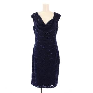 タイトワンピース ひざ丈 ドレープ ノースリーブ スパンコール レース ストレッチ 4 紺 ネイビー /BB