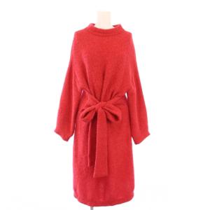 ニットワンピース ひざ丈 長袖 ボトルネック 無地 ウール混 アルパカ混 M ピンクレッド /BB