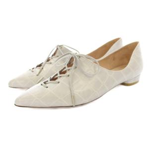 レースアップシューズ ポインテッドトゥ クロコ型押し レザー 24cm ライトグレー 215031 /KU