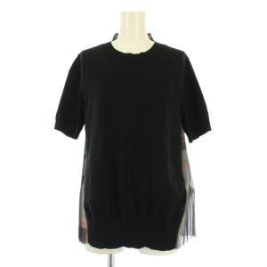 Tシャツ カットソー 半袖 クルーネック プリーツ 切替 チェック柄 1 黒 ブラック グレー /BB