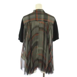 sacai Tシャツ カットソー 半袖 クルーネック プリーツ 切替 チェック柄 1 黒 ブラック グレー /BB