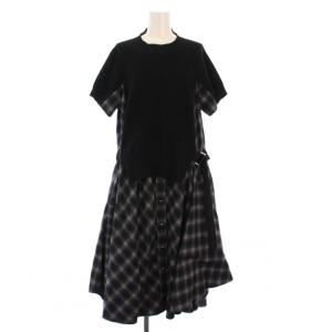 20SS オンブレチェック プルオーバーワンピース 半袖 ロング ニット切替 1 黒 20-04869