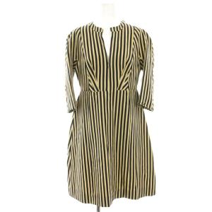 ワンピース ひざ丈 ストライプ 麻 リネン 七分袖 スリットネック 38 ベージュ 紺 ネイビー E12ABMALC3AOOTL236