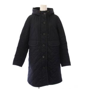 キルティングコート 中綿 アウター ロング丈 フード 裏地チェック柄 38 紺 ネイビー /BB