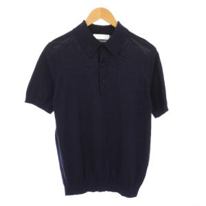 PILGRIM シルクコットンニットポロシャツ 半袖 レギュラーカラー ハーフボタン 無地 M 紺 ネイビー