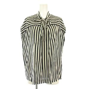 ワイドストライプボウタイブラウス シャツ ノースリーブ シルク混 36 黒 ブラック 白 ホワイト 13-01-31-01717