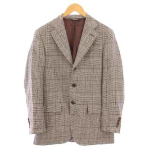 テーラードジャケット ブレザー アウター シングル 背抜き チェック柄 麻 リネン ウール混 46 グレー