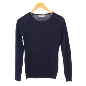 ニット セーター 長袖 クルーネック 薄手 ワンカラー 無地 ウール S 紺 ネイビー /BB