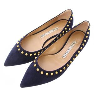 パンプス ポインテッドトゥ ローヒール スエード スタッズ 装飾 36.5 紺 ネイビー /BB