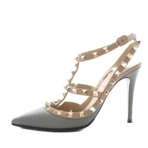 VALENTINO GARAVANI サンダル ポインテッドトゥ ヒール スタッズ バイカラー レザー 37 グレー ベージュ /AN19