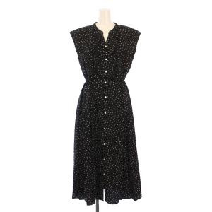 24SS ドット花柄サイドプリーツフレンチスリーブワンピース フレア マキシ ロング スキッパー M 黒