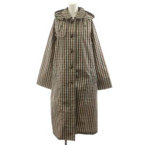 ステンカラーコート ロング丈 フード チェック柄 L ベージュ 茶 ブラウン /AN25