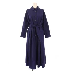 シャツワンピース フレア ミモレ ロング 長袖 レギュラーカラー 無地 ペチコート付き ベルト 9 紺