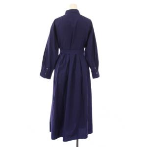 Leilian シャツワンピース フレア ミモレ ロング 長袖 レギュラーカラー 無地 ペチコート付き ベルト 9 紺