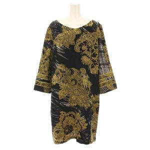 FASHION ワンピース ひざ丈 長袖 総柄 黒 ベージュ /YM