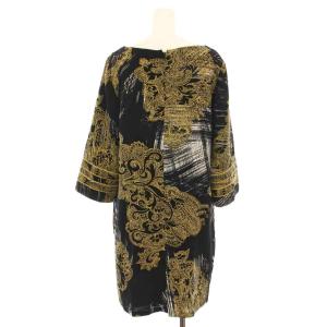 LEONARD FASHION ワンピース ひざ丈 長袖 総柄 黒 ベージュ /YM