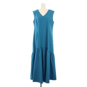 Vネックカラーワンピース フレア マキシ ロング ノースリーブ 無地 2 青 ブルー 24366403