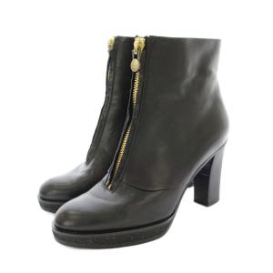 ショートブーツ レザー フロントジップ チャンキーヒール 37 黒 ブラック /KU