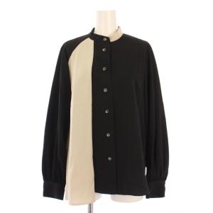 シャツ ブラウス 長袖 バンドカラー バイカラー ストレッチ F ベージュ 黒 ブラック /BB