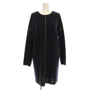 ニットワンピース ひざ丈 長袖 クルーネック ピュアウール 紺 ネイビー /KU