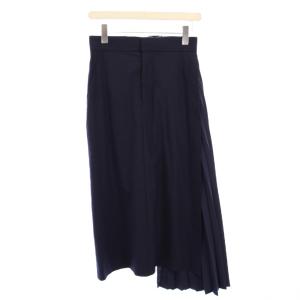 プリーツ切替スカート フレア ミモレ ロング アシンメトリー ウール 1 紺 ネイビー タグ付き 14081-2002