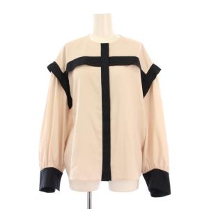 バイカラージョーゼットブラウス シャツ 長袖 クルーネック ストレッチ 38 ベージュ 黒 ブラック 531-3110008