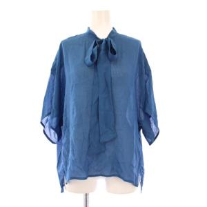 シルクチェックリボンブラウス シャツ プルオーバー 半袖 ボウタイ 36 青 ブルー 6521-299-0824